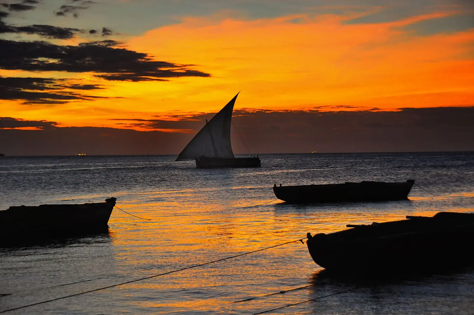 A dhow silhouetted at sunset, Zanzibar